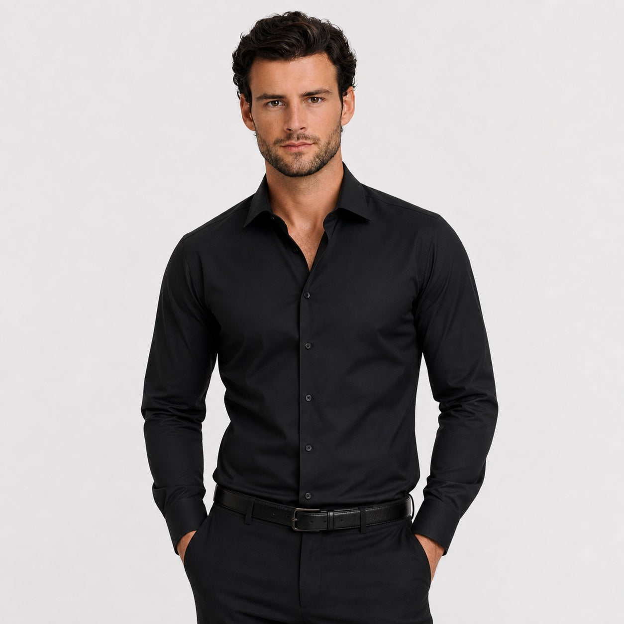 Men's Long-Sleeve Dress Shirt Spread Collar Slim-Fit