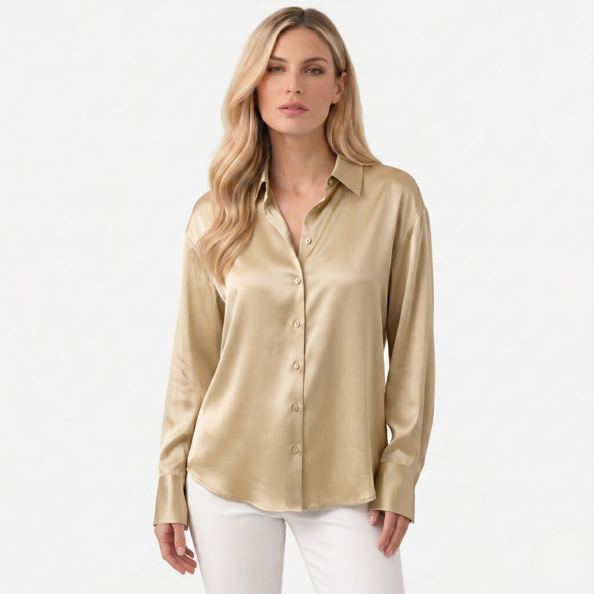 Women's Satin Blouse Long Sleeve Button-Down Point Collar Relaxed Fit