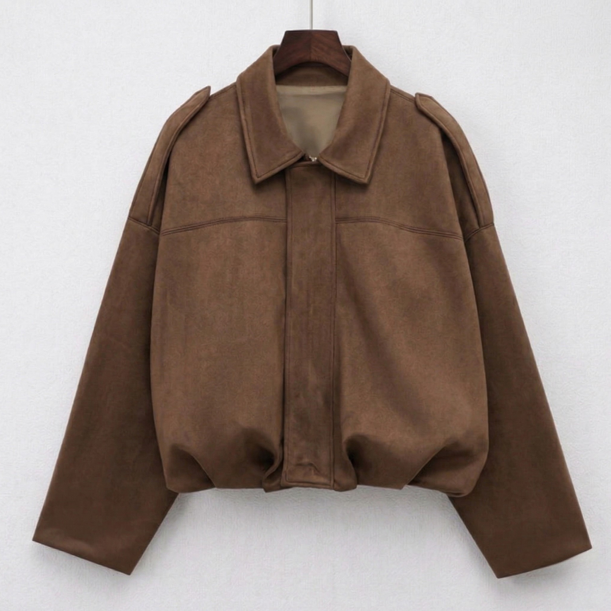 Women's Faux Suede Bomber Jacket Point Collar Oversized Fit