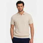 Men's Knit Polo Cable Textured Button Short Sleeve Regular Fit