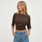 Women's Ruched Crop Top Dolman Sleeve Fitted Waist