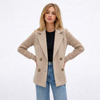 Women's Wool-Blend Jacket Double-Breasted Ribbed Sleeves Notch Lapel Tailored Fit