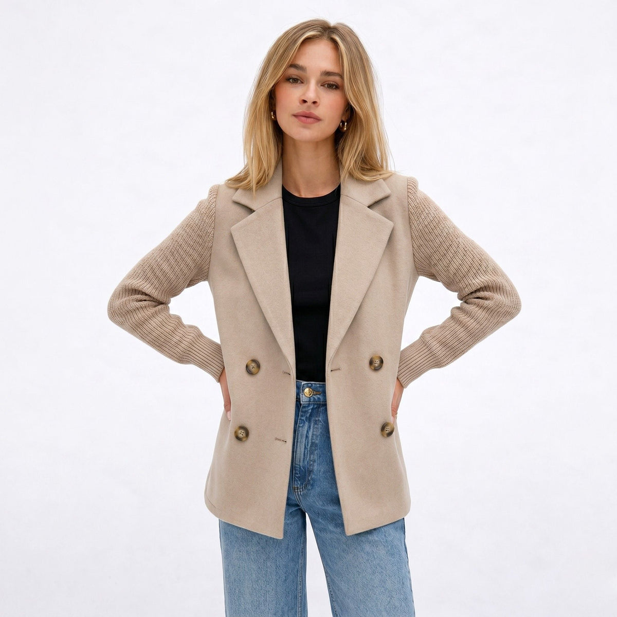 Women's Wool-Blend Jacket Double-Breasted Ribbed Sleeves Notch Lapel Tailored Fit