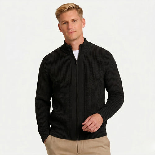 Men's Knit Cardigan Ribbed Full-Zip Funnel Neck Regular Fit