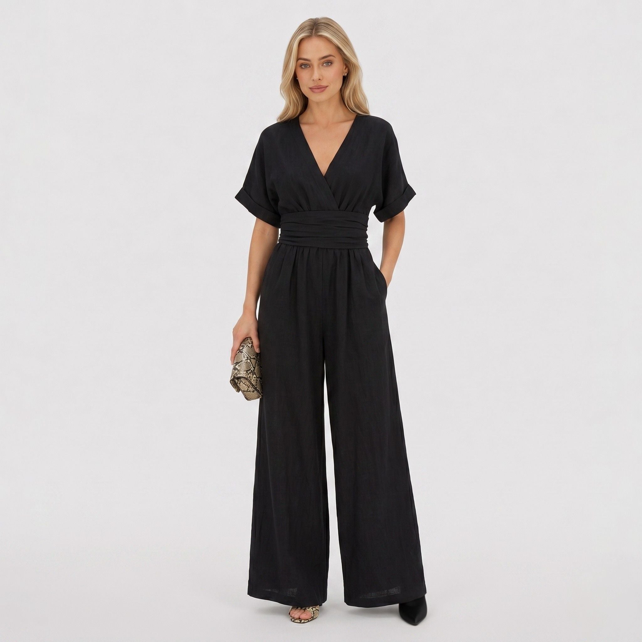 Women's Wrap Jumpsuit V-Neck Batwing Sleeve Wide Leg Relaxed Fit