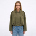 Women's Faux Suede Bomber Jacket Point Collar Oversized Fit