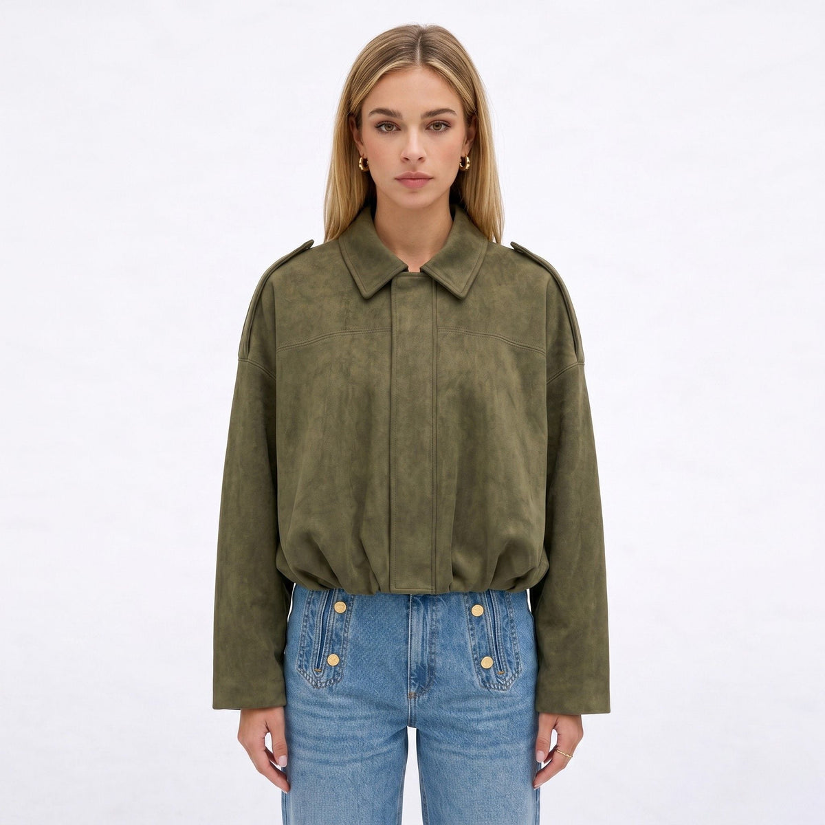 Women's Faux Suede Bomber Jacket Point Collar Oversized Fit