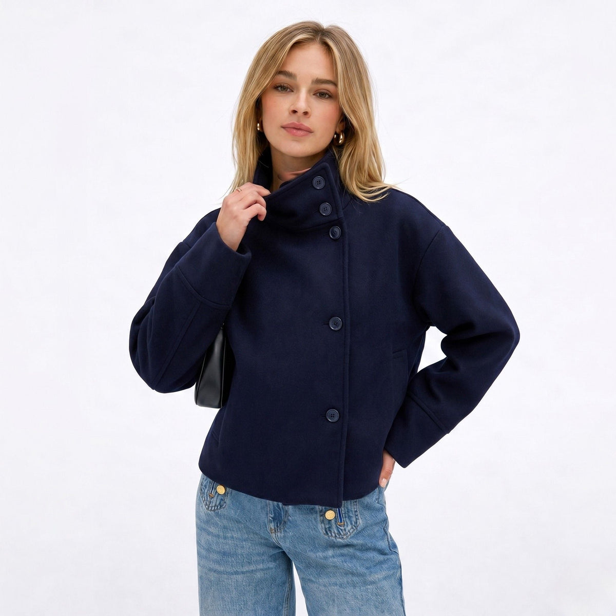 Women's Wool-Textured Coat Jacket Single-Breasted Funnel Neck