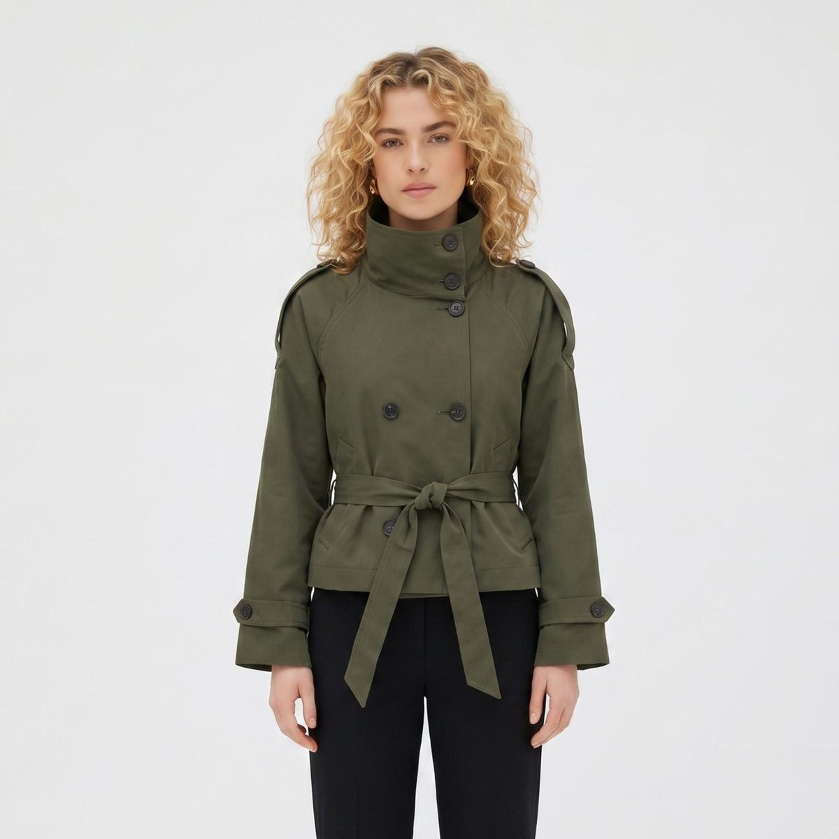 Women's Double-Breasted Trench Jacket Funnel Neck Tailored Fit
