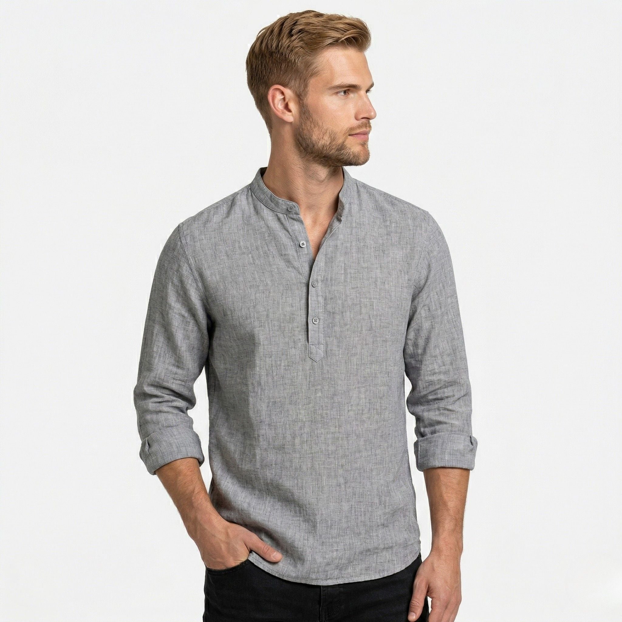 Men's Henley Shirt Long Sleeve Mandarin Collar Regular Fit