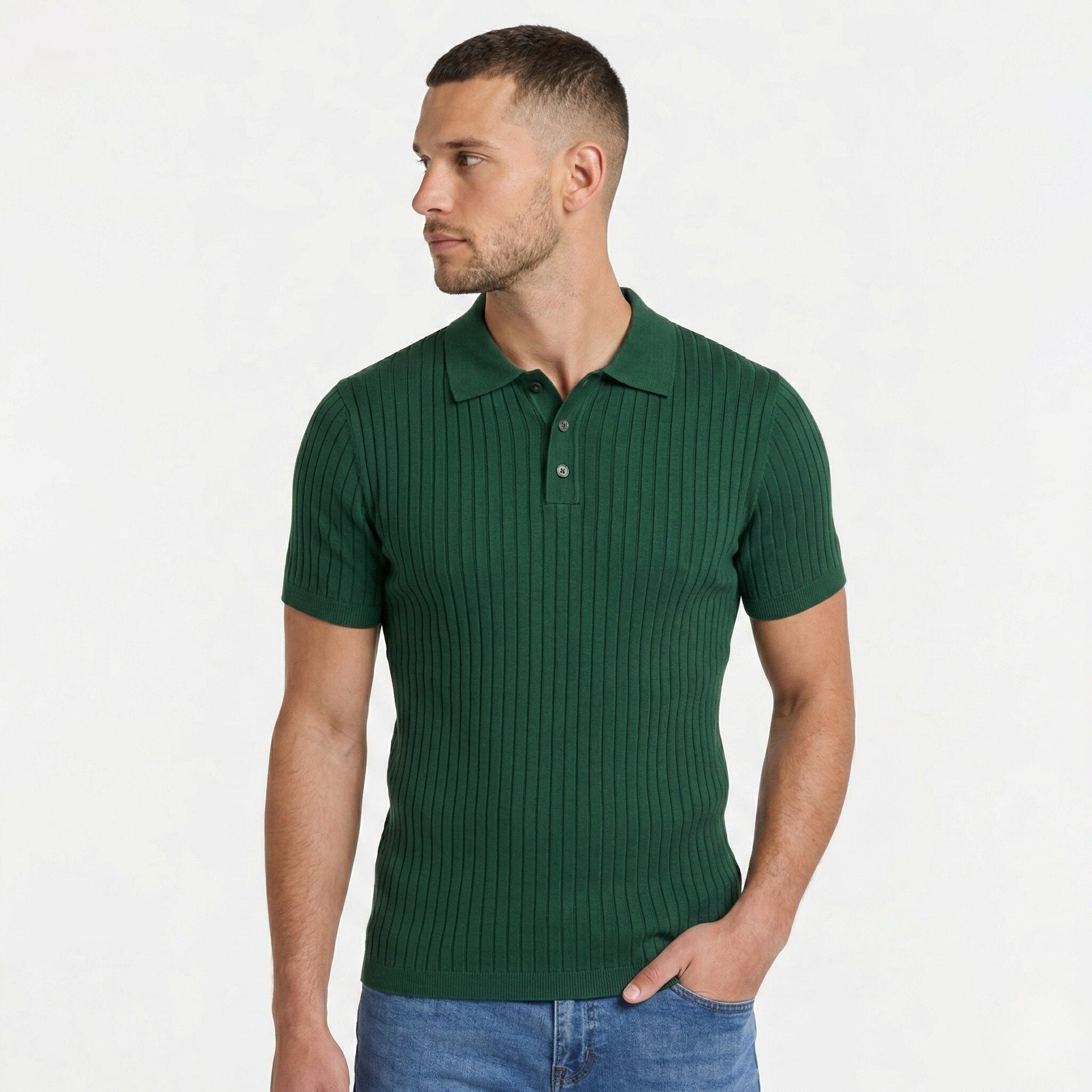 Men's Knit Polo Ribbed Short Sleeve Shirt Slim Fit