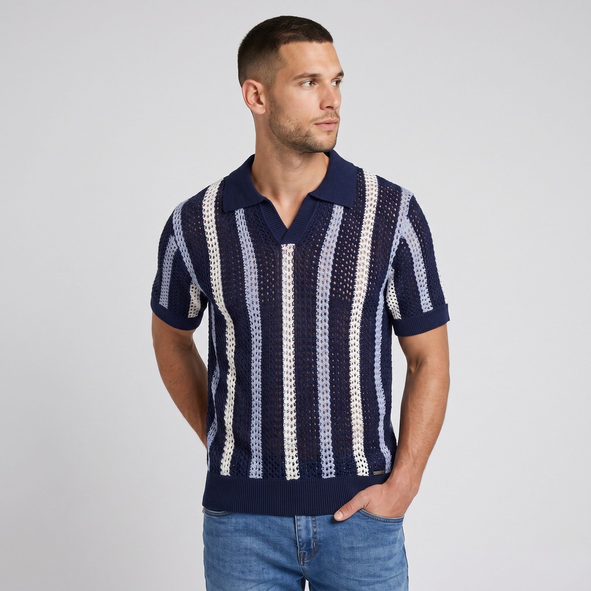 Men's Knit Polo Striped Crochet Short Sleeve Relaxed Fit