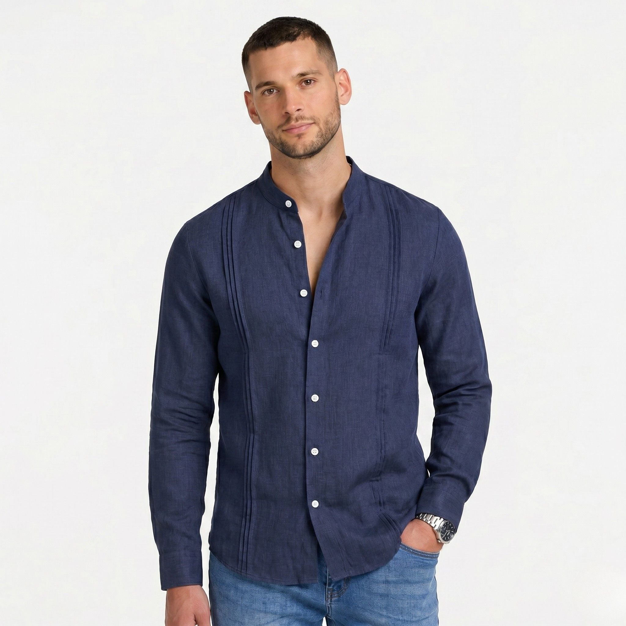 Men's Long Sleeve Shirt Mandarin Collar Pintuck Regular Fit