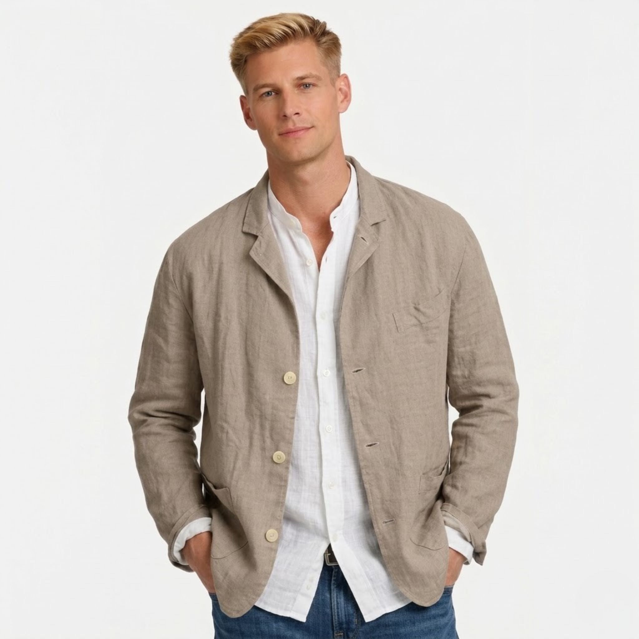 Men's Linen Jacket Notch Lapel Button-Front Blazer Relaxed Fit