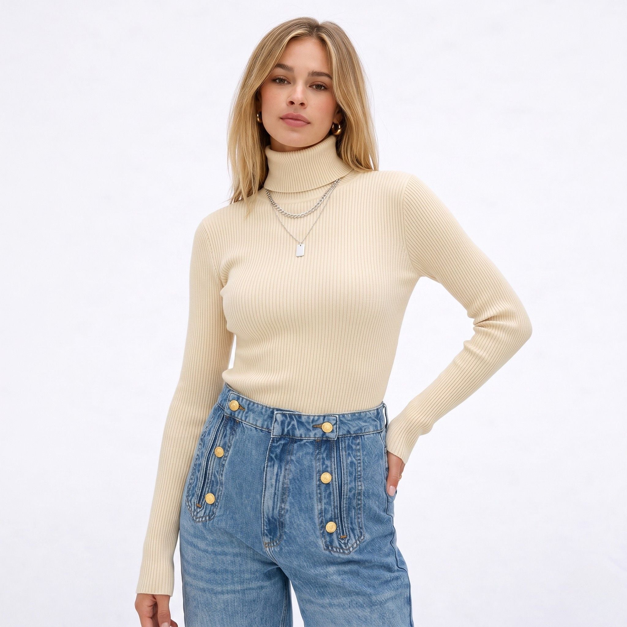 Women's Ribbed Skivvy Jumper Neck Ribbed Long Sleeve