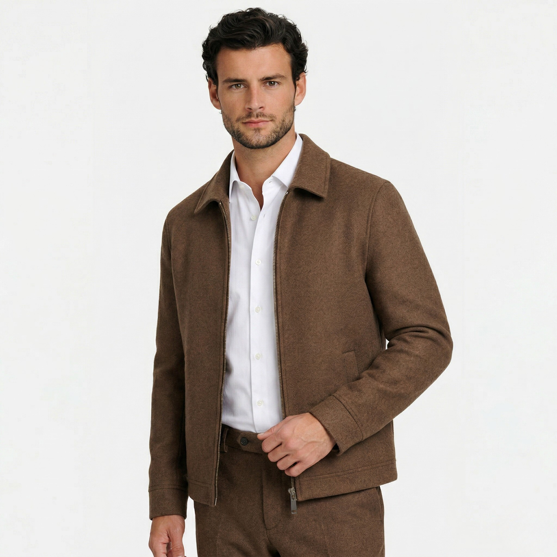 Men's 100% Wool Harrington Jacket Full-Zip Point Collar Regular
