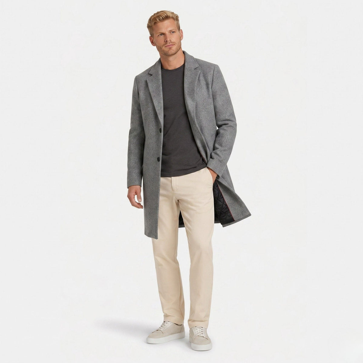 Men's Wool-Blend Overcoat Single-Breasted Notch Lapel  Tailored Fit