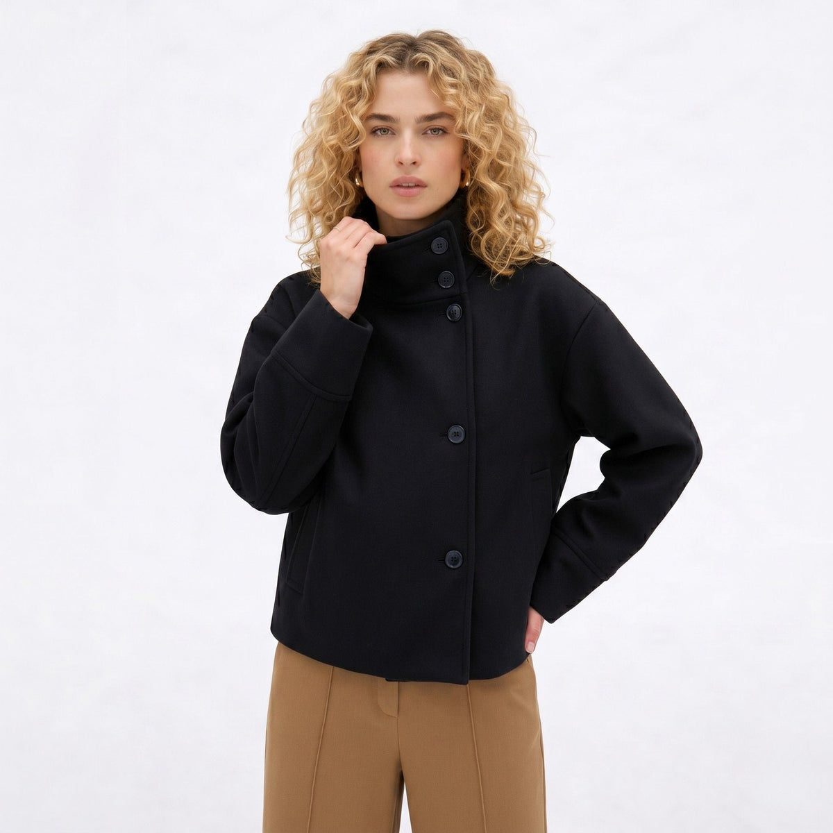 Women's Wool-Textured Coat Jacket Single-Breasted Funnel Neck