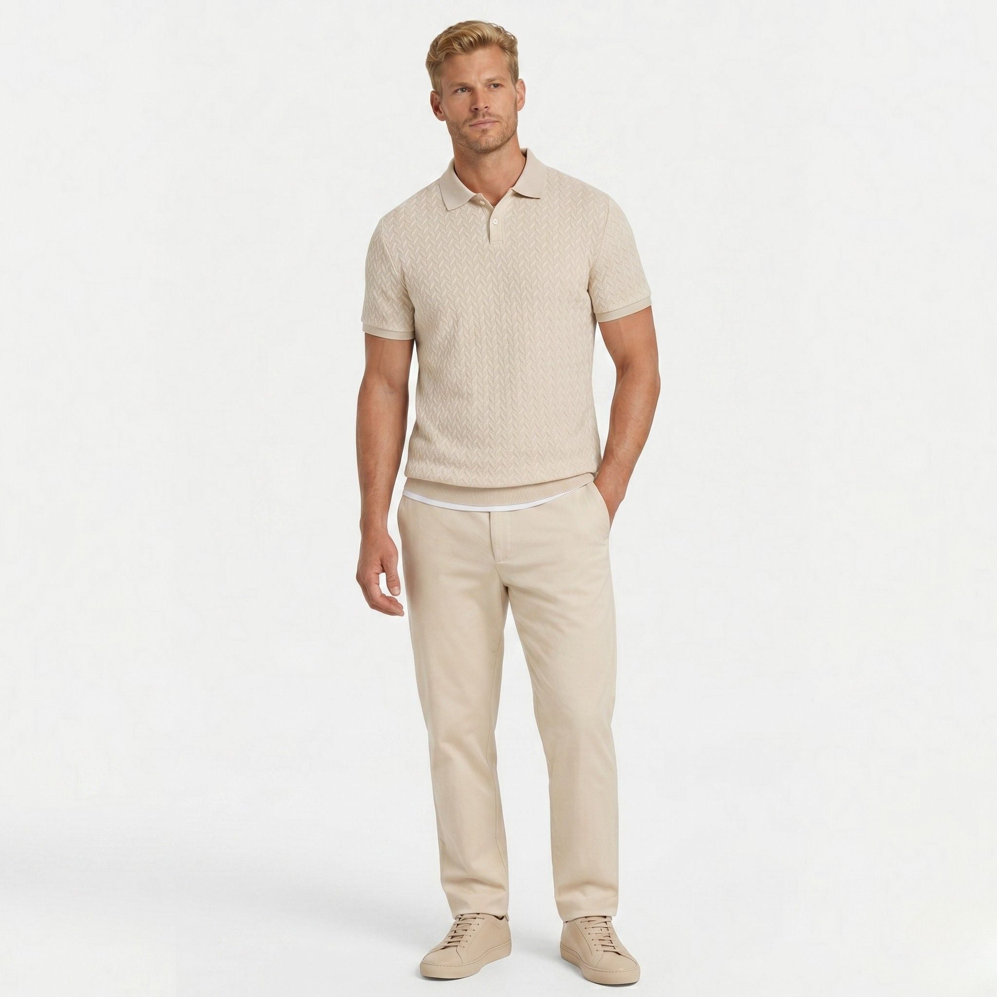 Men's Knit Polo Cable Textured Button Short Sleeve Regular Fit