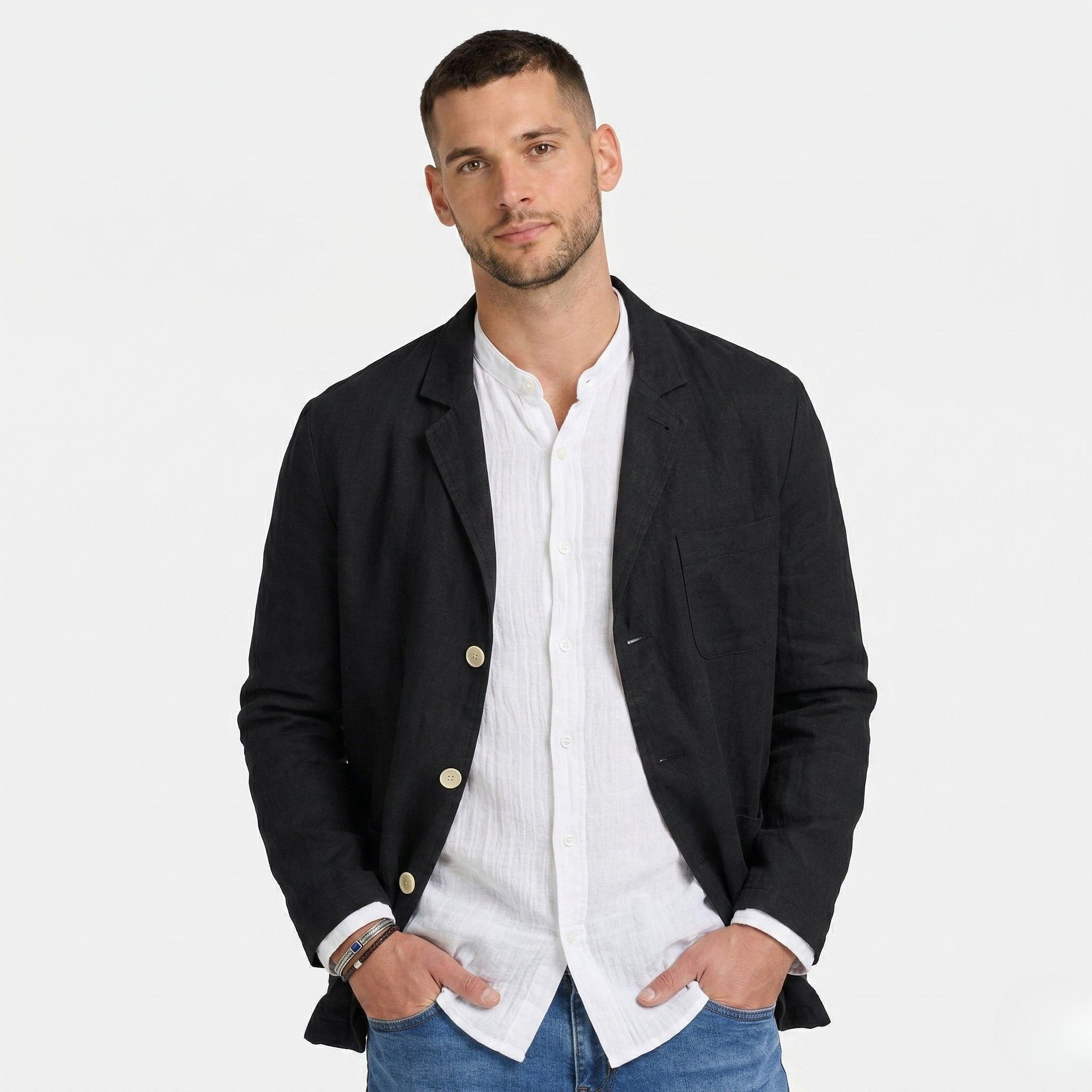 Men's Linen Jacket Notch Lapel Button-Front Blazer Relaxed Fit