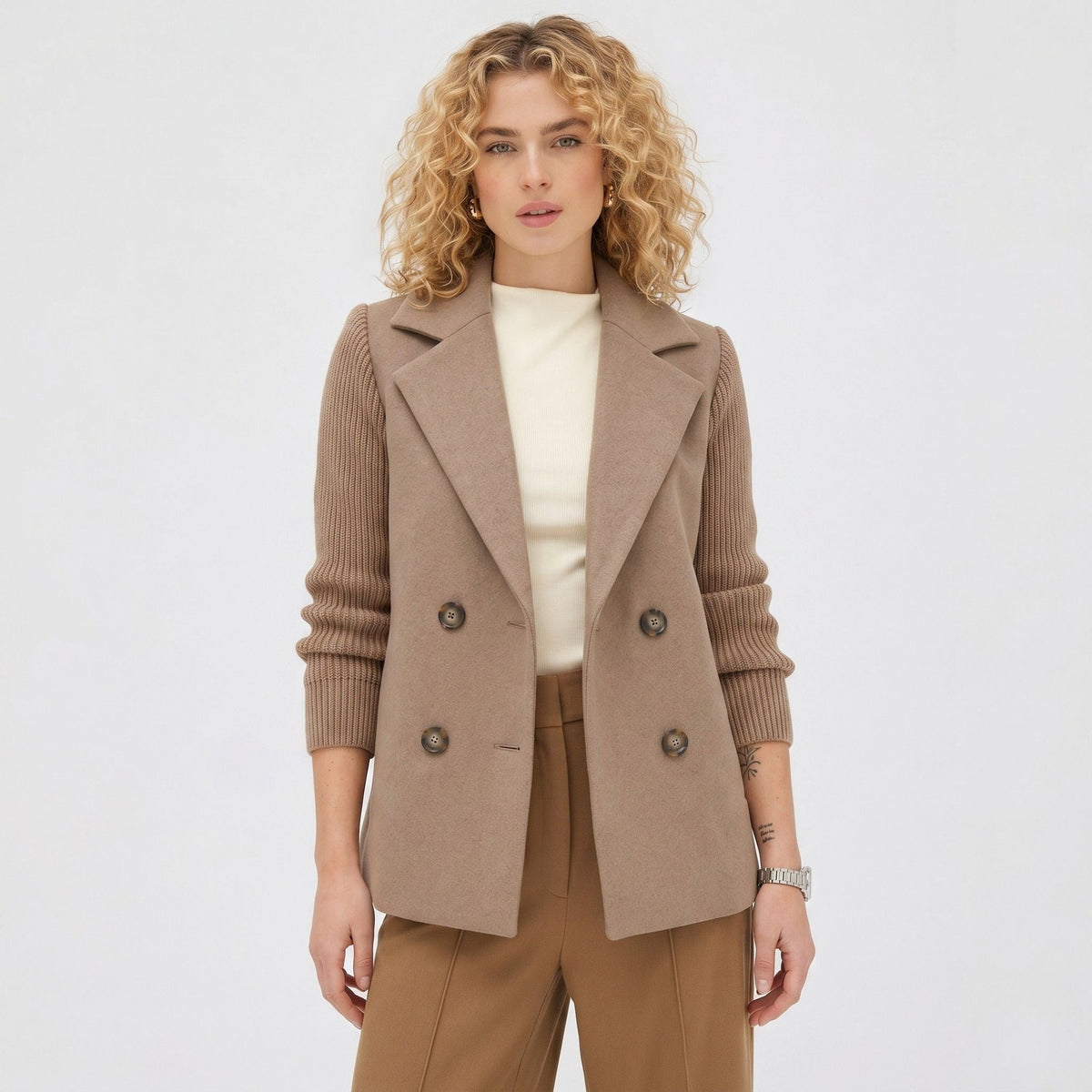 Women's Wool-Blend Jacket Double-Breasted Ribbed Sleeves Notch Lapel Tailored Fit