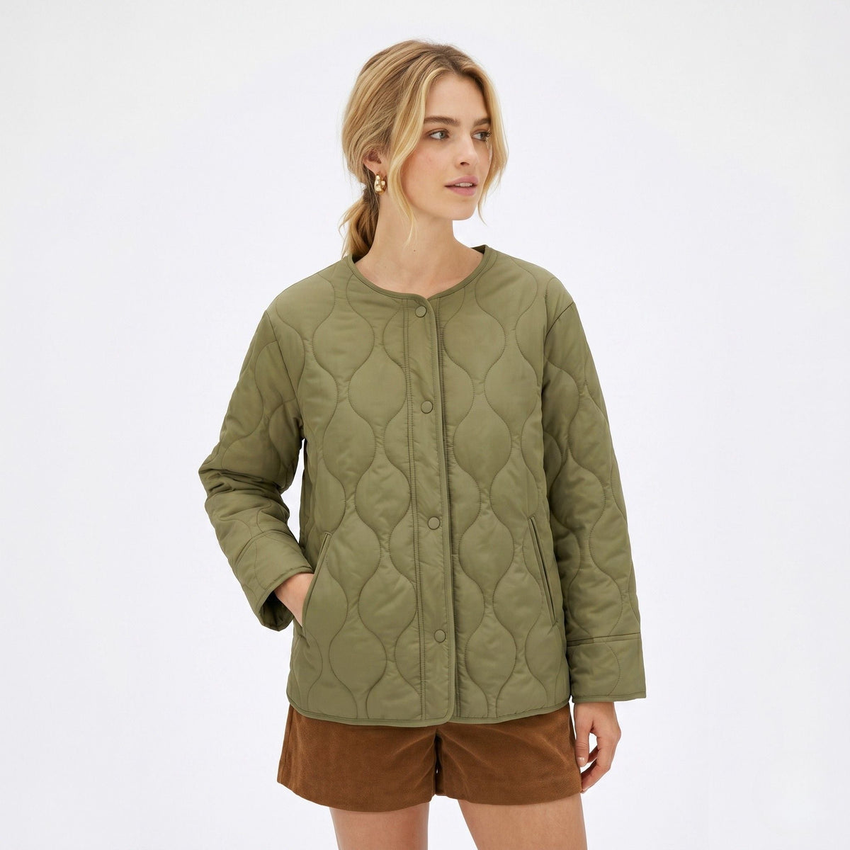 Women's Quilted Jacket Snap-Button Relaxed Fit