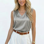 Women's Satin Top Sleeveless V-Neck Shell Relaxed Fit