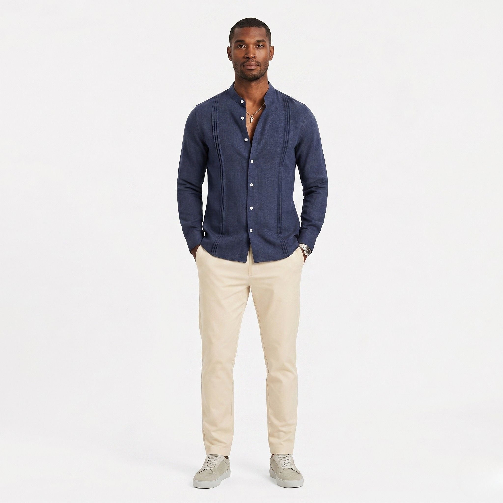 Men's Long Sleeve Shirt Mandarin Collar Pintuck Regular Fit