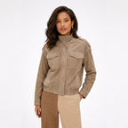 Women's Faux Suede Bomber Jacket Chest Flap Pockets Relaxed Fit