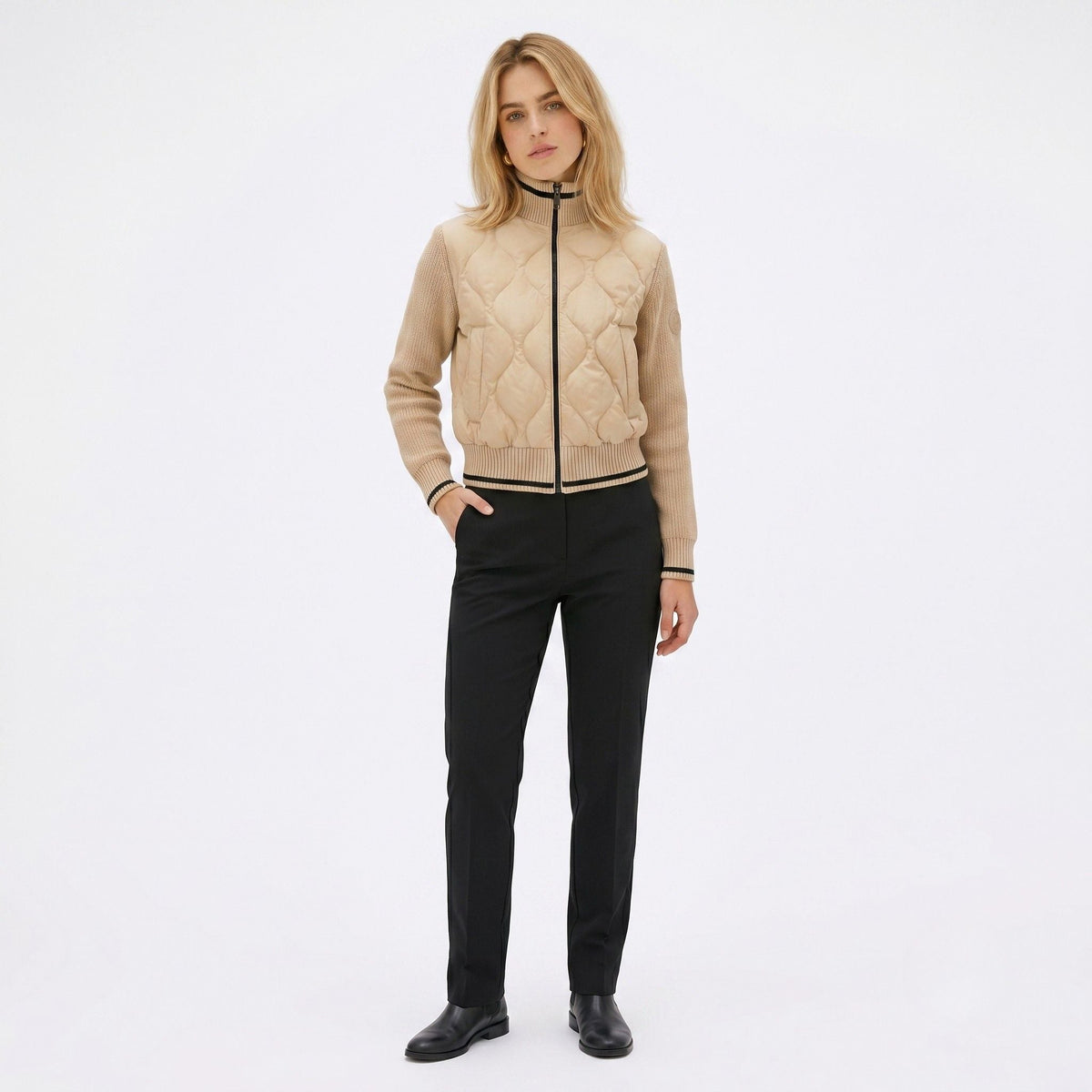 Women's Quilted Jacket Funnel Neck Knit Sleeve Regular Fit