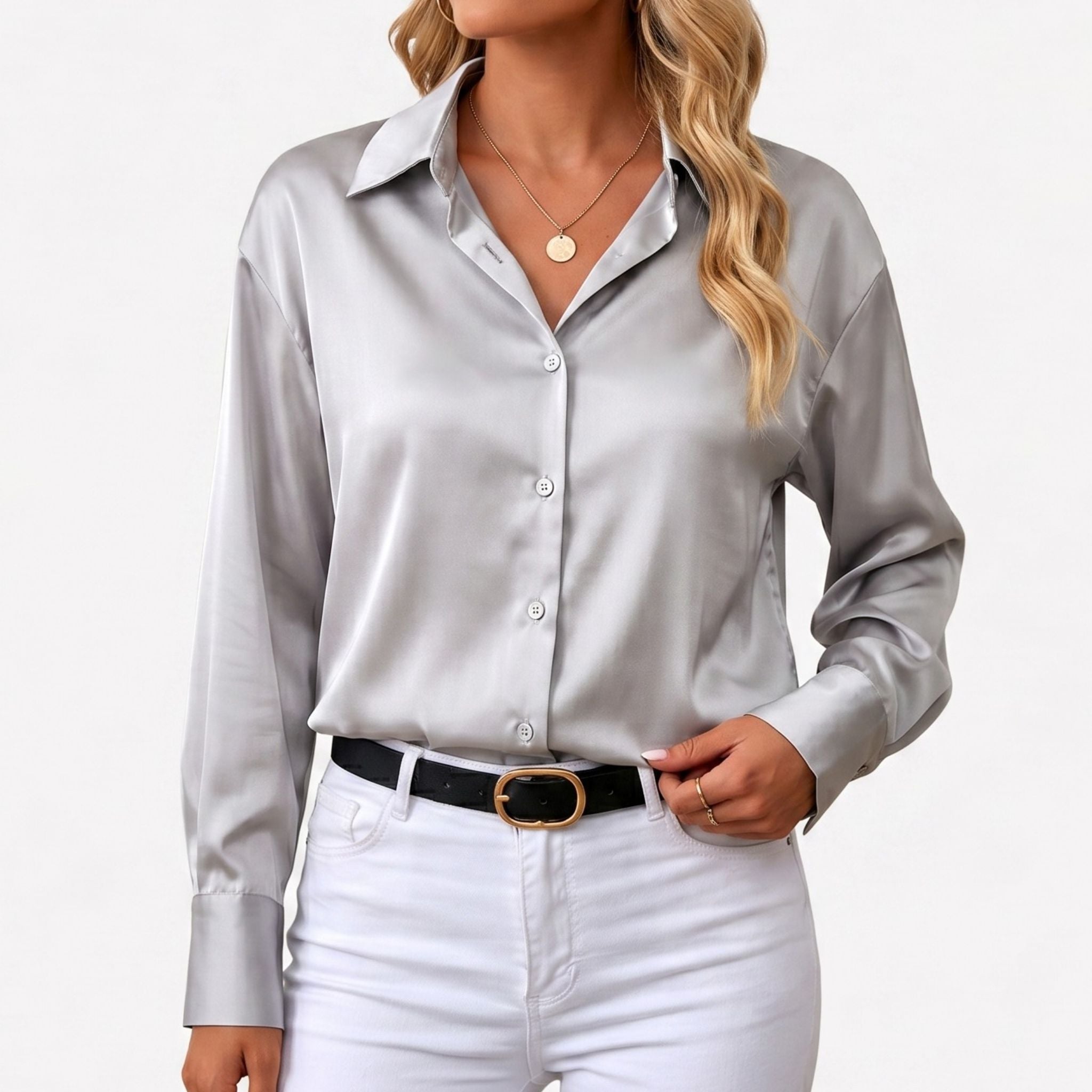 Women's Satin Blouse Long Sleeve Button-Down Point Collar Relaxed Fit