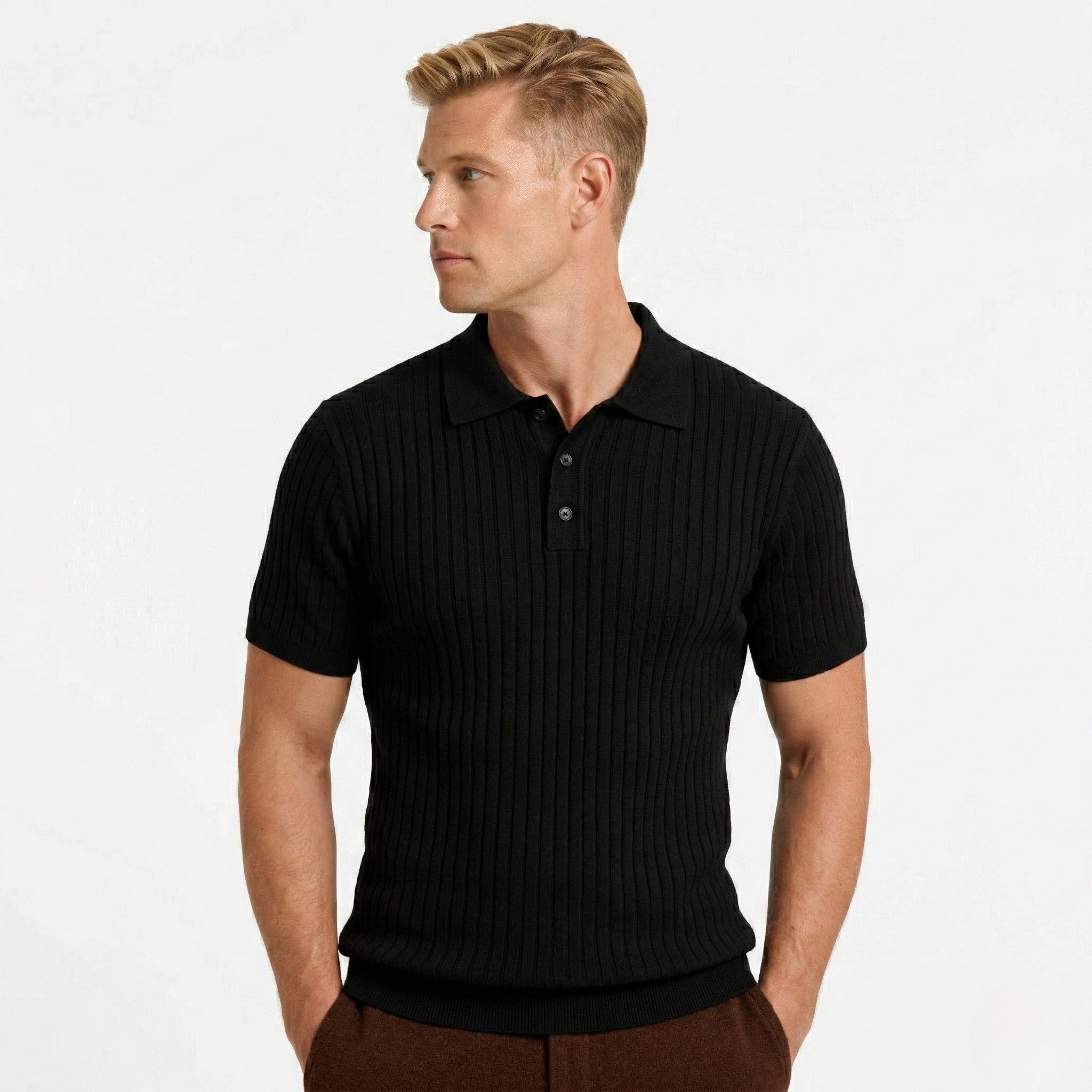 Men's Knit Polo Ribbed Short Sleeve Shirt Slim Fit