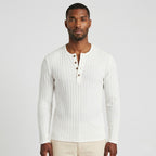 Men's Ribbed Knit Henley Top Long Sleeves Slim Fit