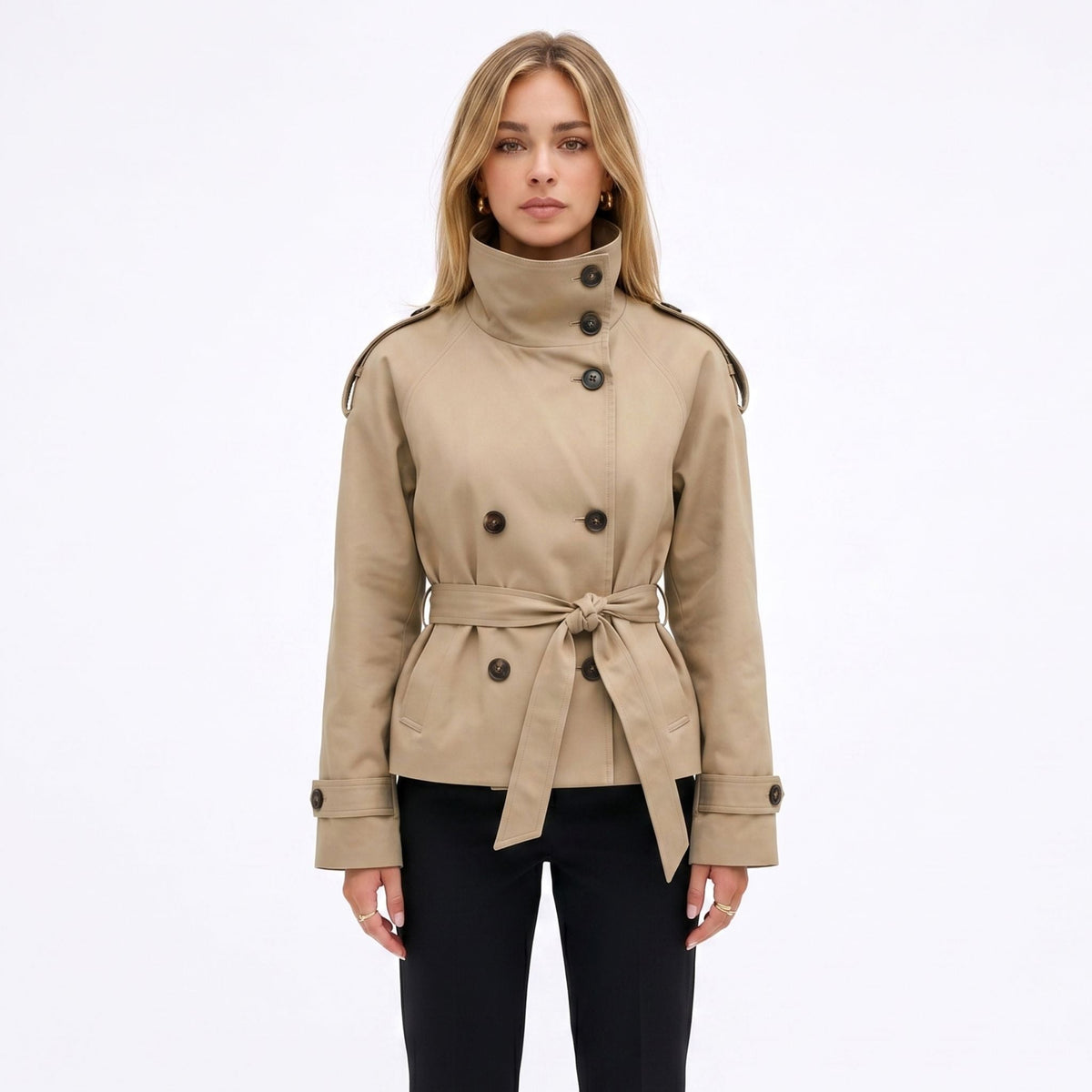 Women's Double-Breasted Trench Jacket Funnel Neck Tailored Fit
