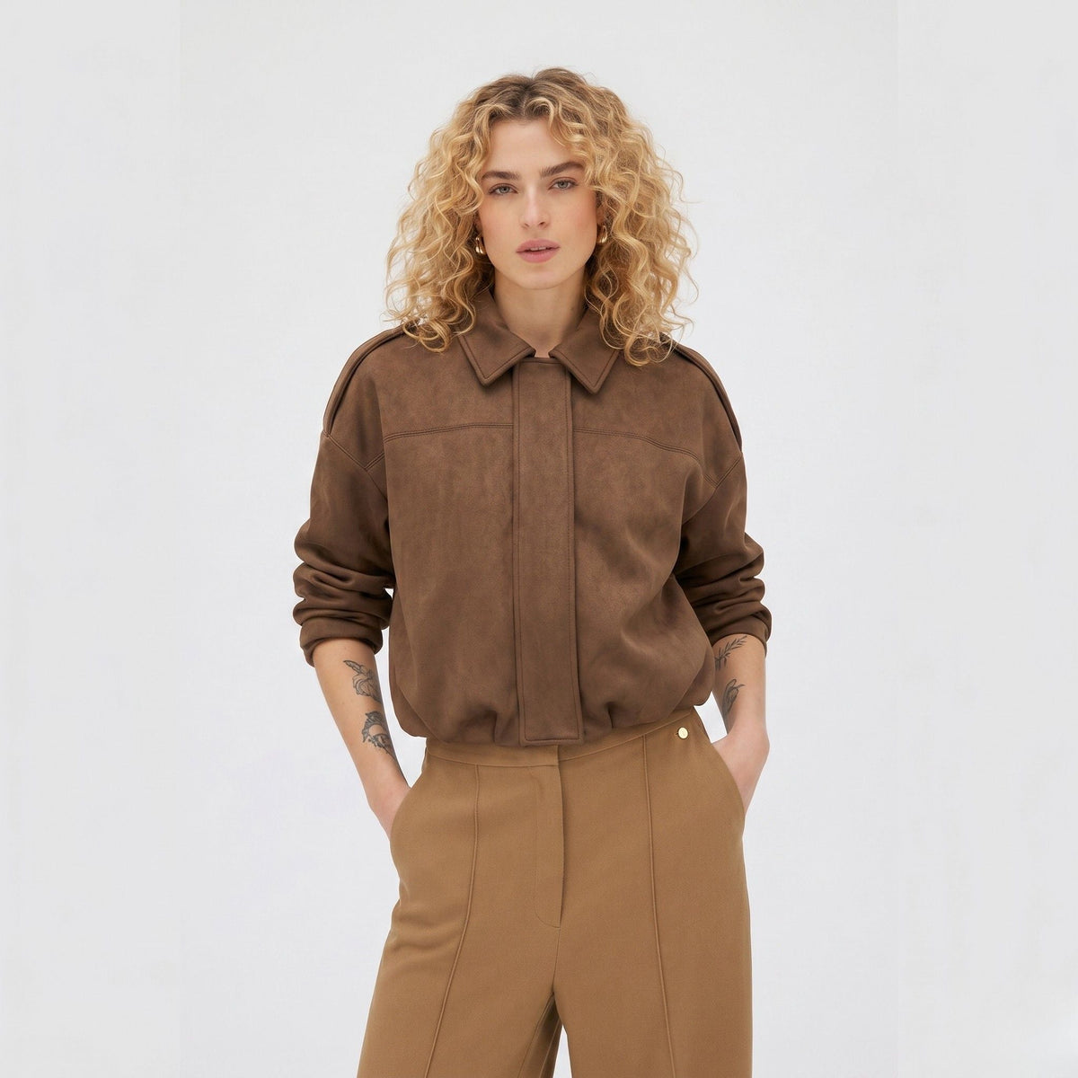 Women's Faux Suede Bomber Jacket Point Collar Oversized Fit