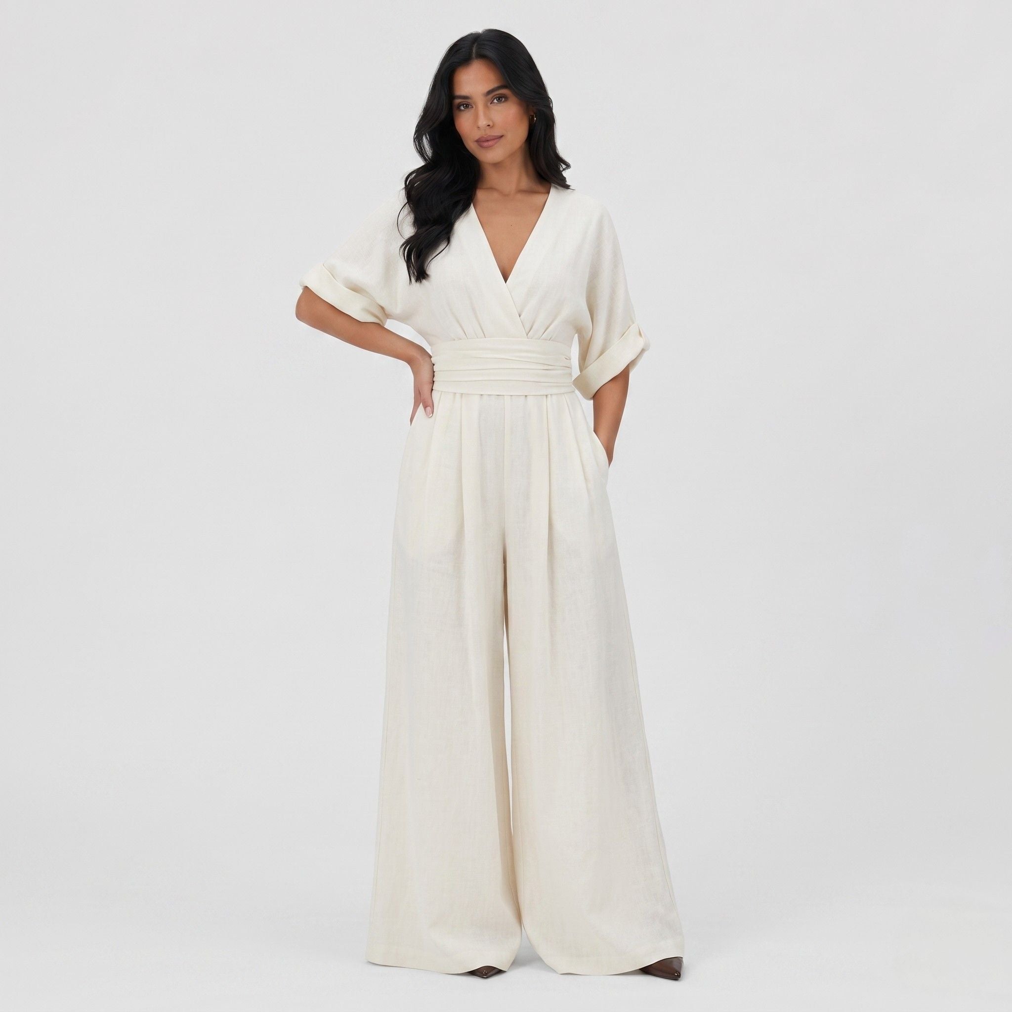 Women's Wrap Jumpsuit V-Neck Batwing Sleeve Wide Leg Relaxed Fit
