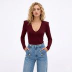 Women's V-Neck Top V-Neck Structured Shoulder Long Sleeve