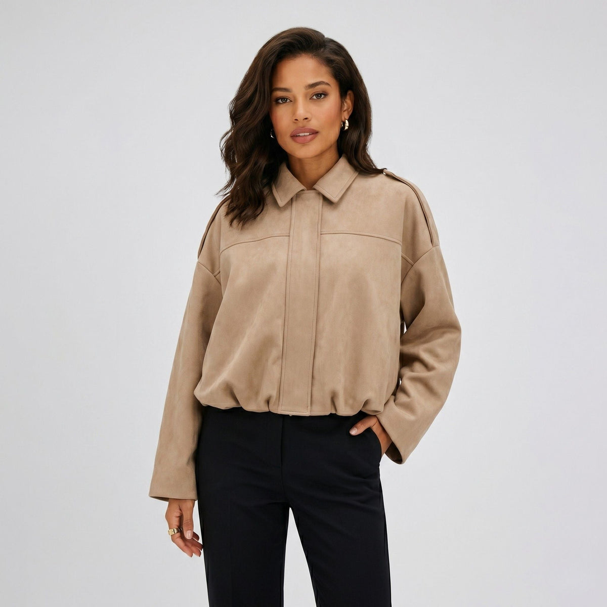 Women's Faux Suede Bomber Jacket Point Collar Oversized Fit