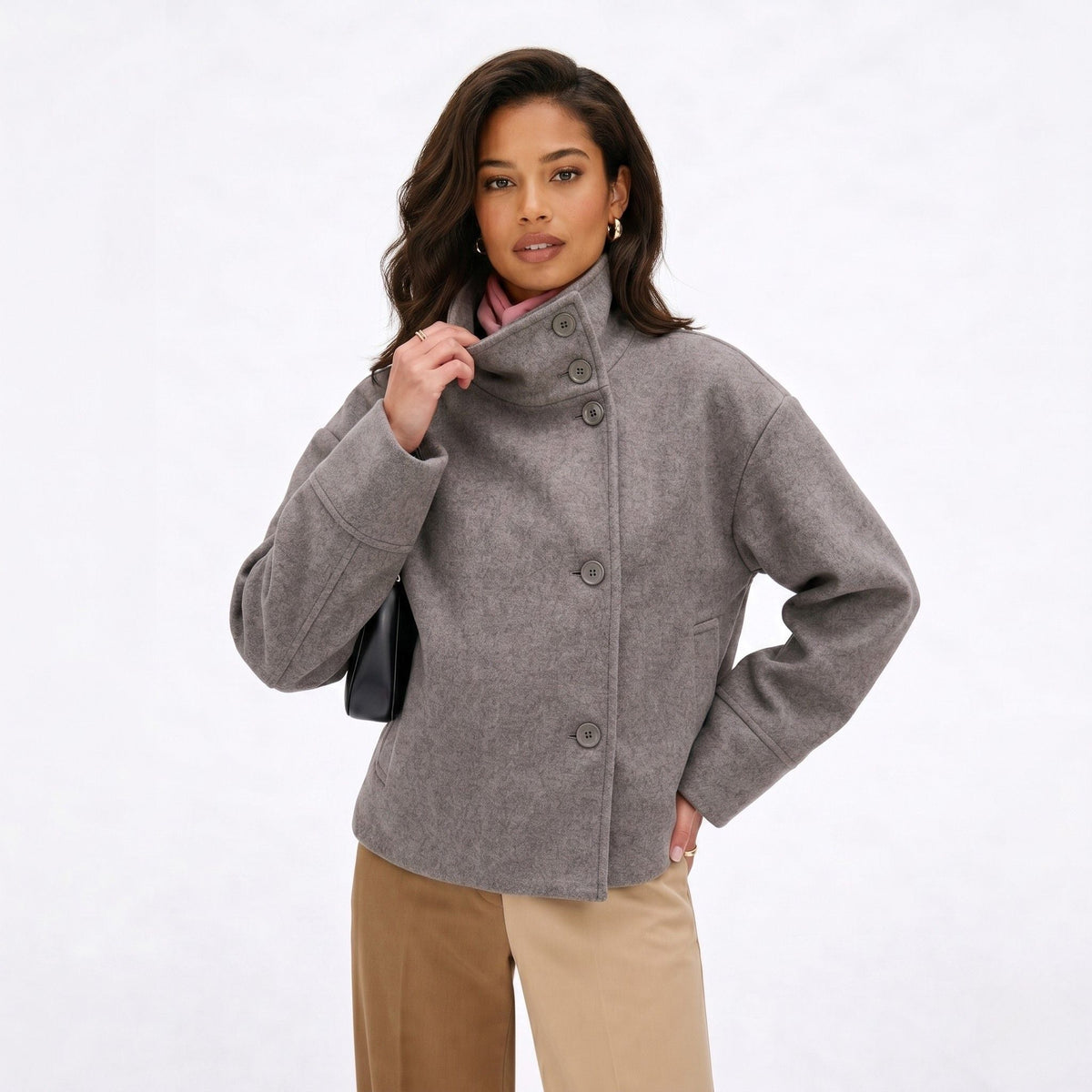 Women's Wool-Textured Coat Jacket Single-Breasted Funnel Neck