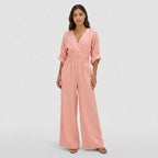 Women's Wrap Jumpsuit V-Neck Batwing Sleeve Wide Leg Relaxed Fit