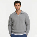 Men's Knit Polo Ribbed Long Sleeve Open Collar Regular Fit