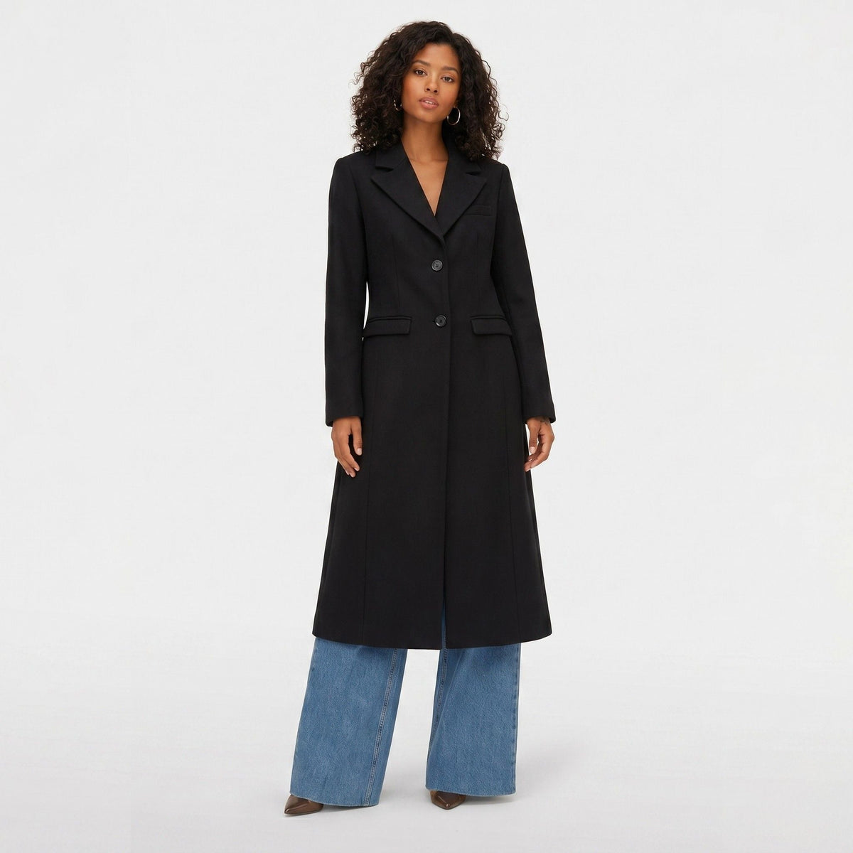 Women's Wool-Blend Coat Longline Flap Pockets Tailored Fit