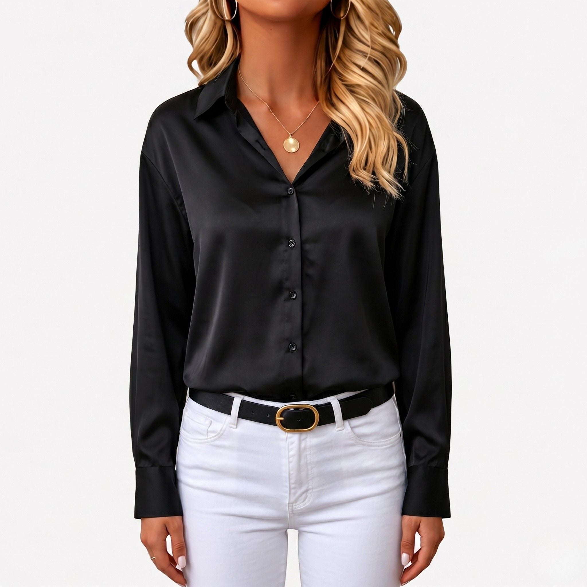 Women's Satin Blouse Long Sleeve Button-Down Point Collar Relaxed Fit