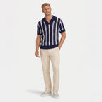 Men's Knit Polo Striped Crochet Short Sleeve Relaxed Fit