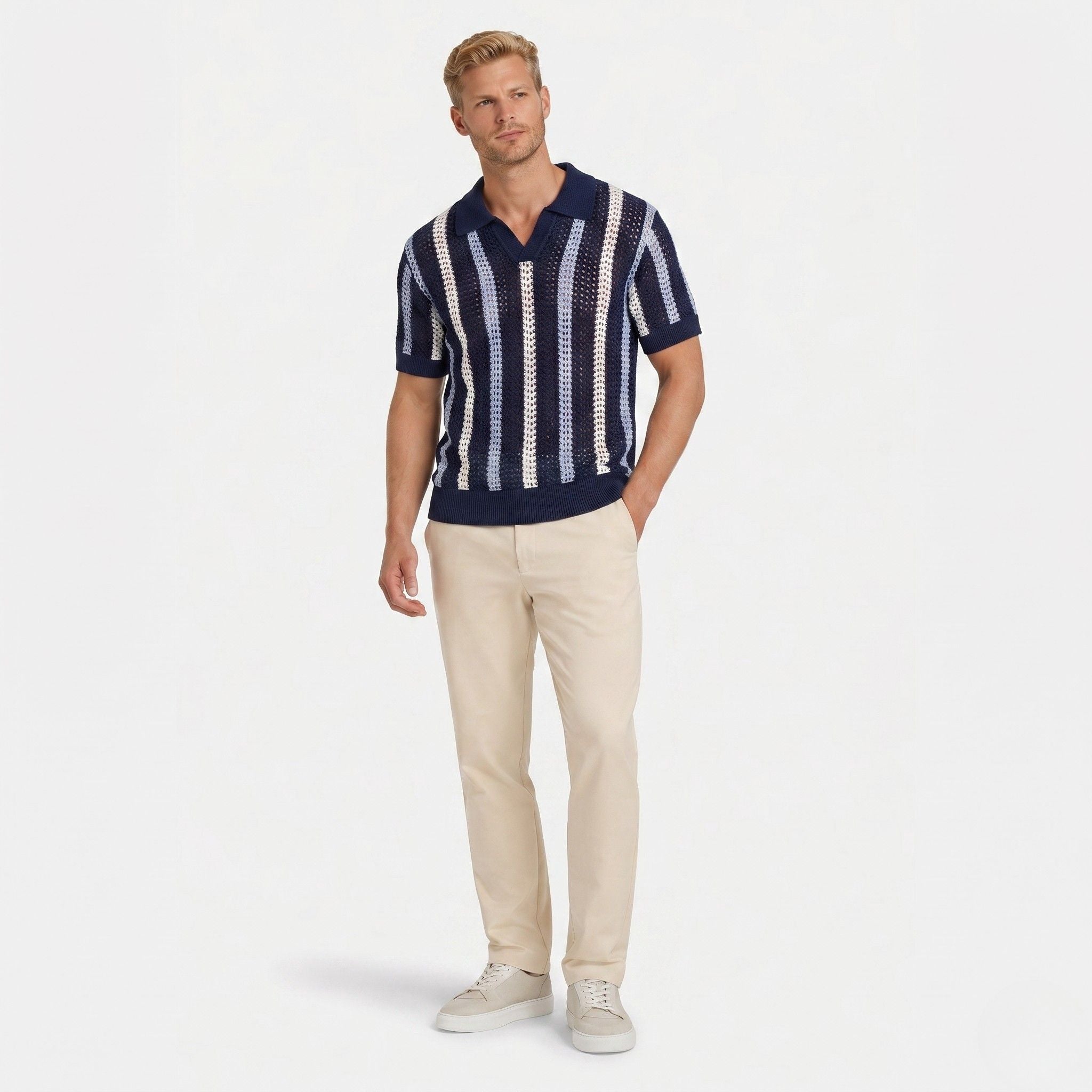 Men's Knit Polo Striped Crochet Short Sleeve Relaxed Fit