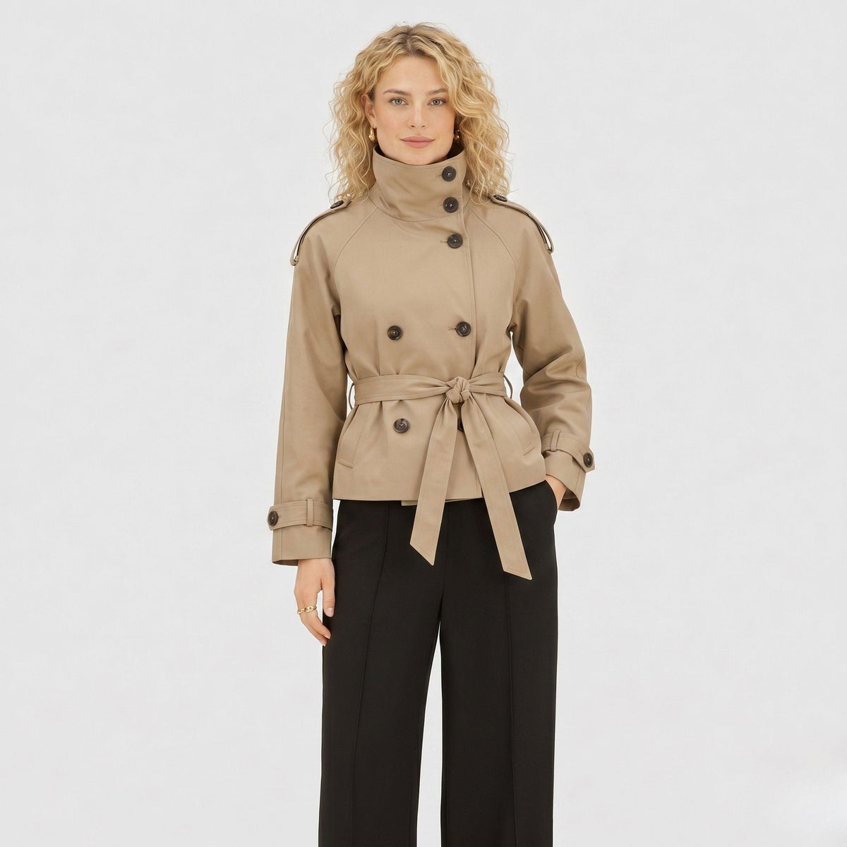 Women's Double-Breasted Trench Jacket Funnel Neck Tailored Fit