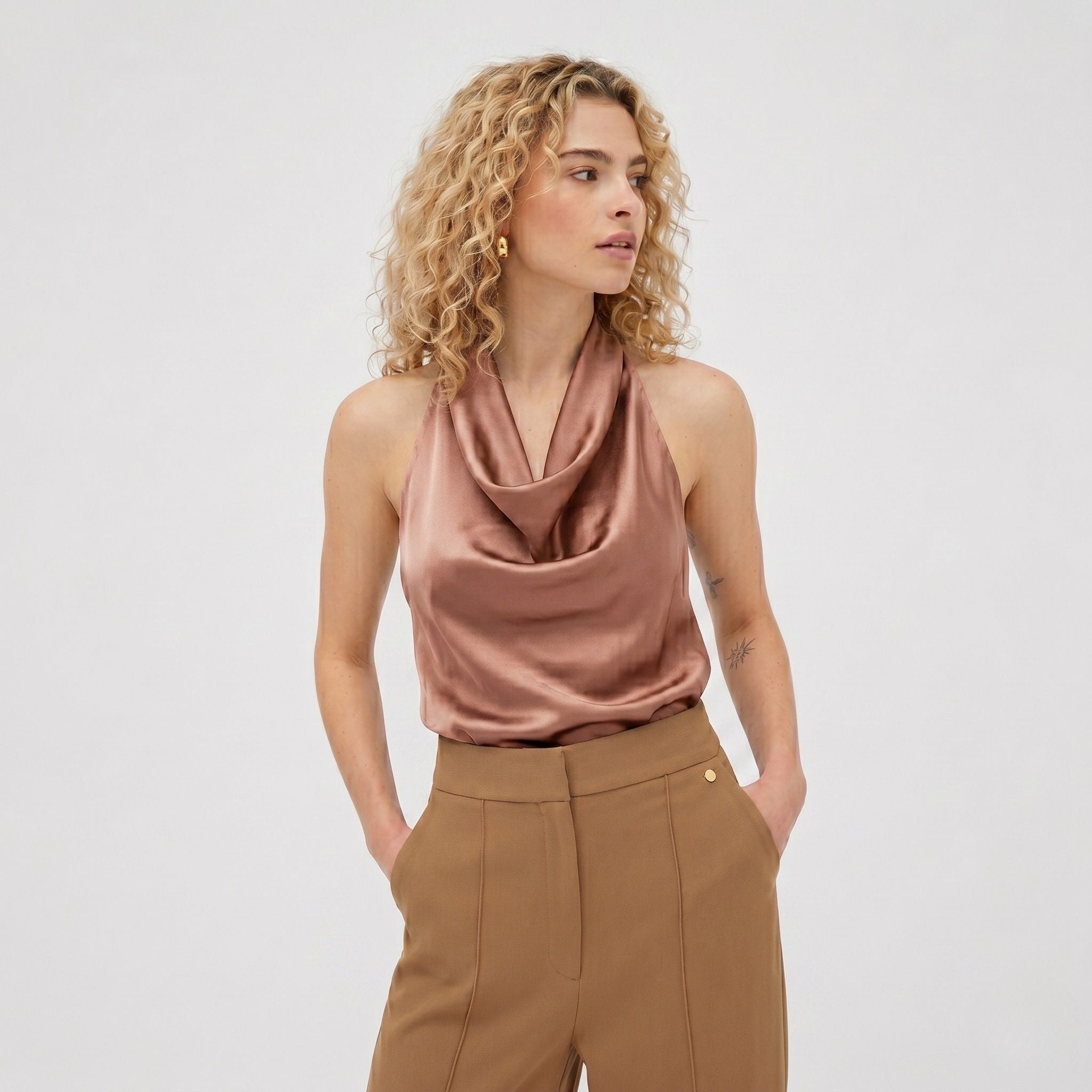 Women's Satin Top Halterneck Cowl Neck Backless
