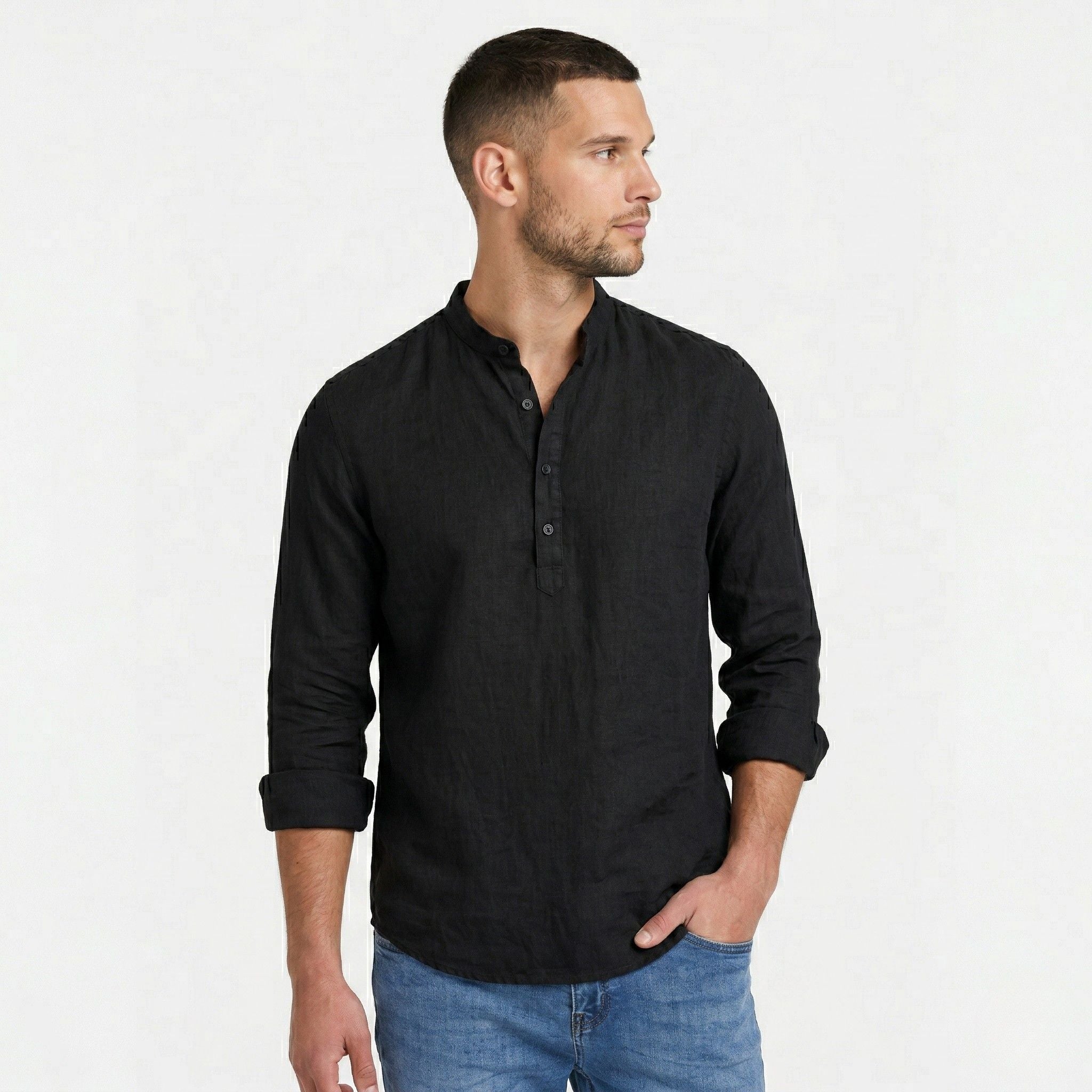 Men's Henley Shirt Long Sleeve Mandarin Collar Regular Fit