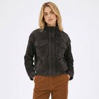 Women's Faux Suede Bomber Jacket Chest Flap Pockets Relaxed Fit