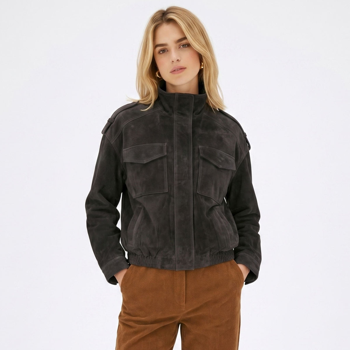 Women's Faux Suede Bomber Jacket Chest Flap Pockets Relaxed Fit